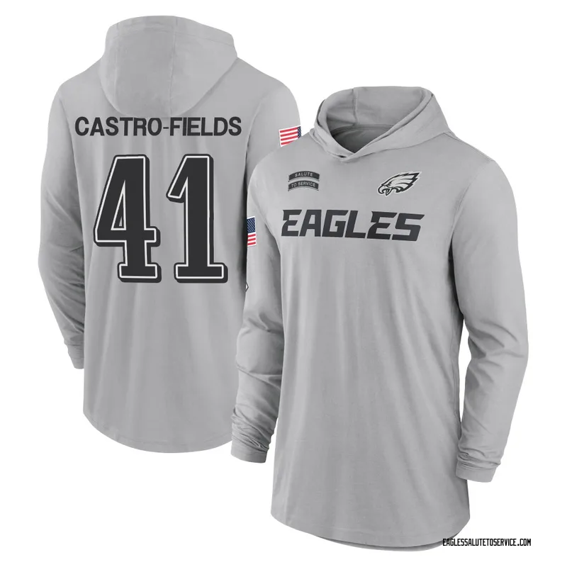 Men's Tariq Castro-Fields Philadelphia Eagles Gray 2024 Salute to Service Lightweight Performance Long Sleeve Hooded T-Shirt