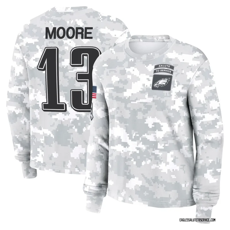 Women's Elijah Moore Philadelphia Eagles Camo Arctic 2024 Salute to Service Long Sleeve T-Shirt