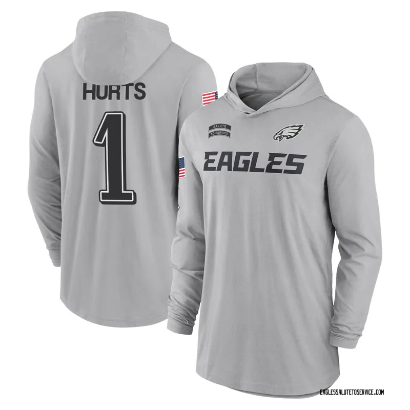 Youth Jalen Hurts Philadelphia Eagles Gray 2024 Salute to Service Lightweight Performance Long Sleeve Hooded T-Shirt