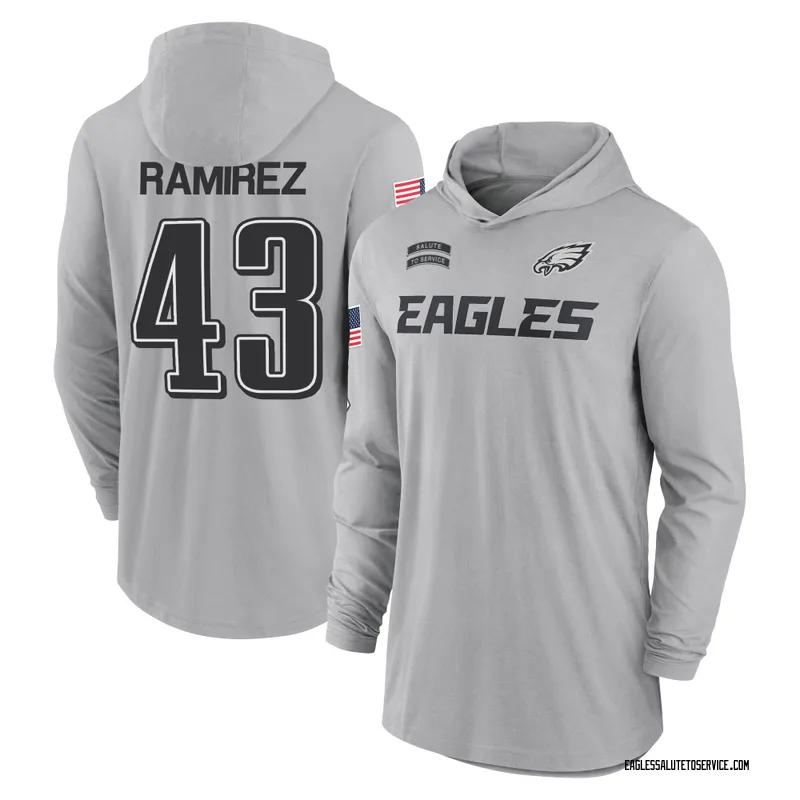 Youth Jose Ramirez Philadelphia Eagles Gray 2024 Salute to Service Lightweight Performance Long Sleeve Hooded T-Shirt