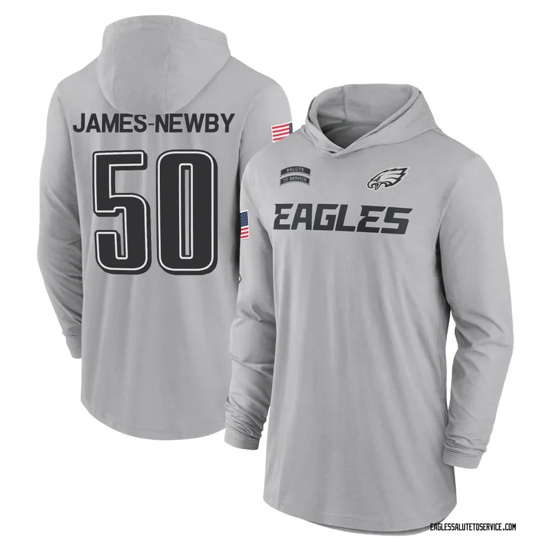 Youth Keyshawn James-Newby Philadelphia Eagles Gray 2024 Salute to Service Lightweight Performance Long Sleeve Hooded T-Shirt