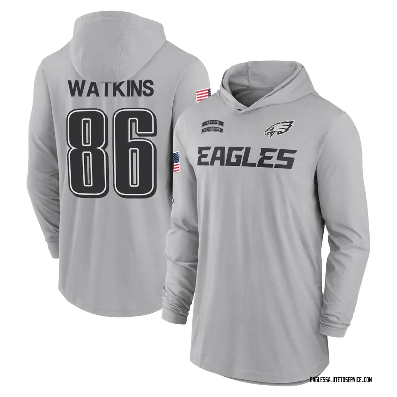 Youth Quez Watkins Philadelphia Eagles Gray 2024 Salute to Service Lightweight Performance Long Sleeve Hooded T-Shirt